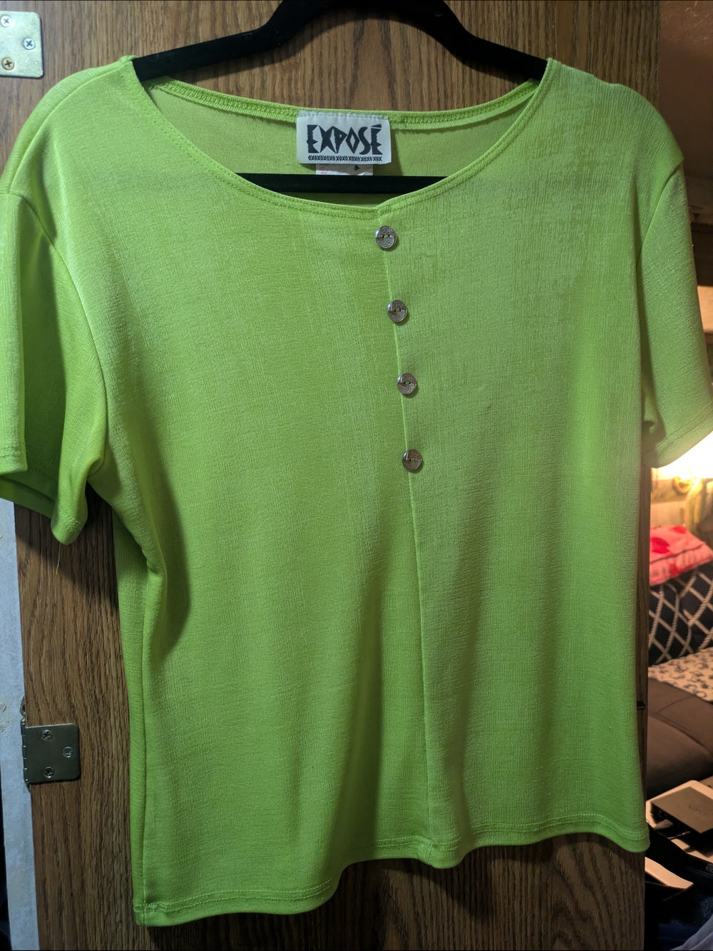 Expose Lime Green Short Sleeve Button-Accent Top